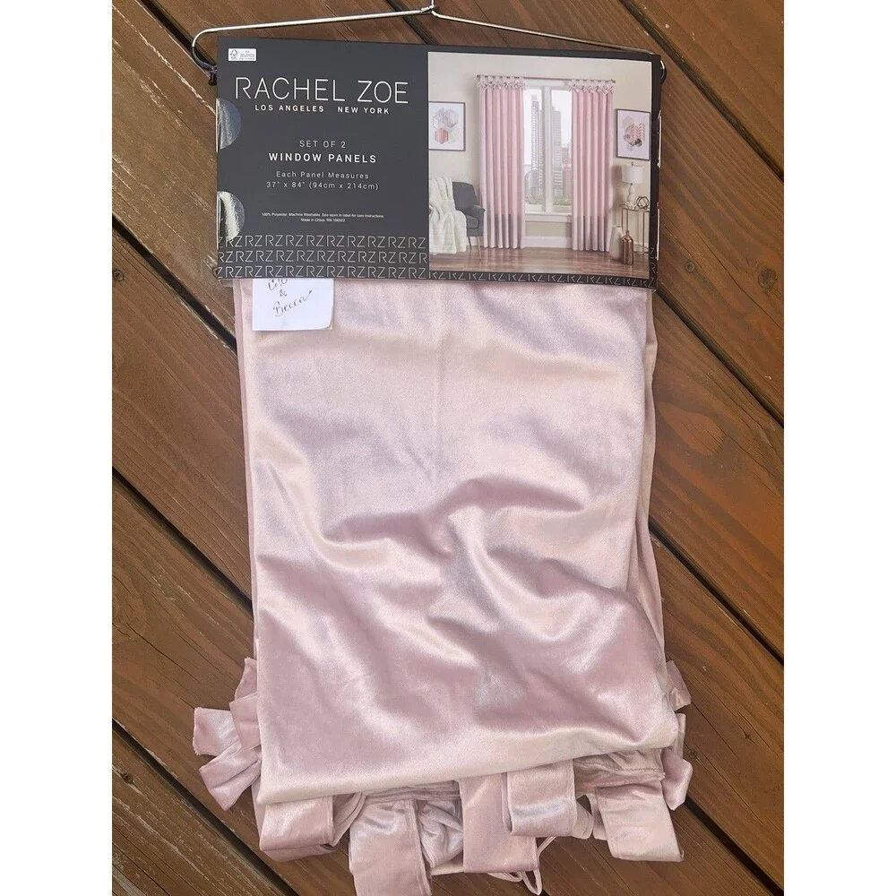 Rachel Zoe Velvet Curtains 37x84 Dusty Blush Pink Bow Top Window Panels New